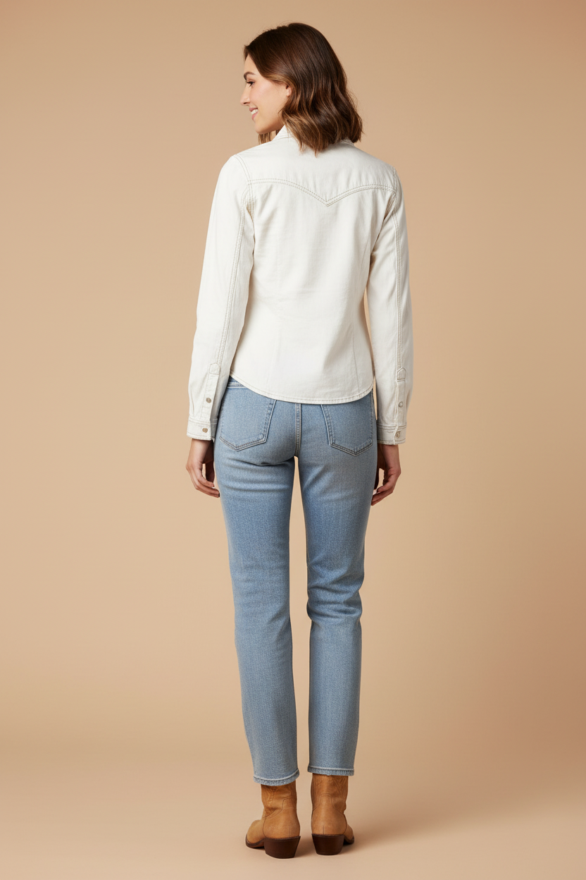 White Denim Western Jacket — Snap Button Shirt Jacket, Pre-Loved