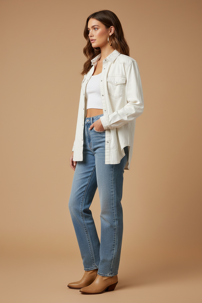 White Denim Western Jacket — Snap Button Shirt Jacket, Pre-Loved